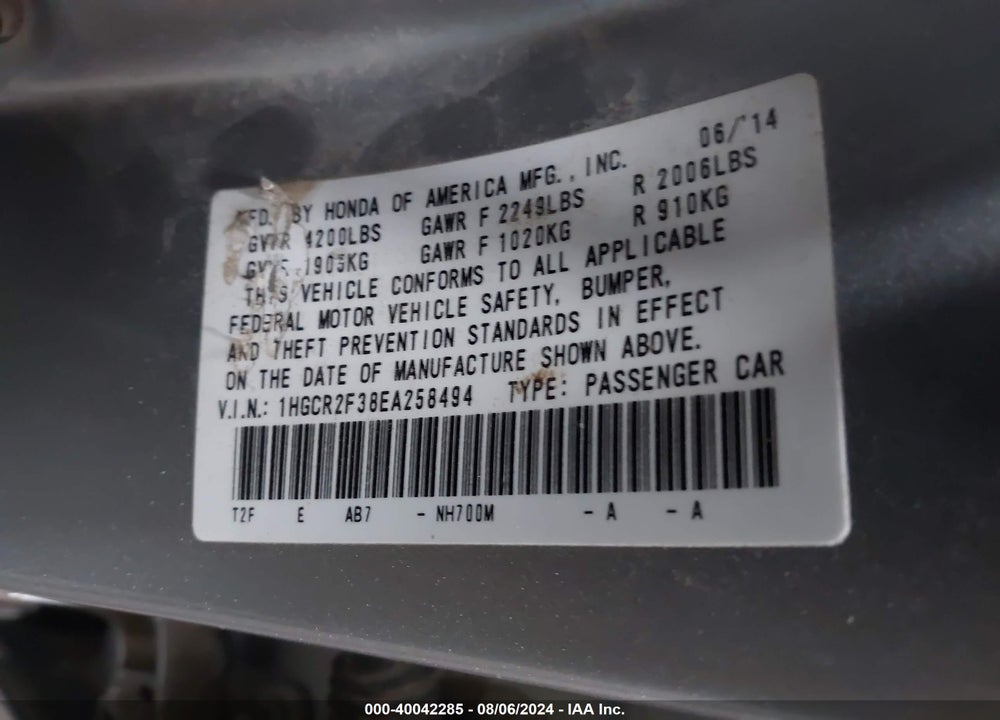 2014 HONDA ACCORD LX VIN: 1HGCR2F38EA258494