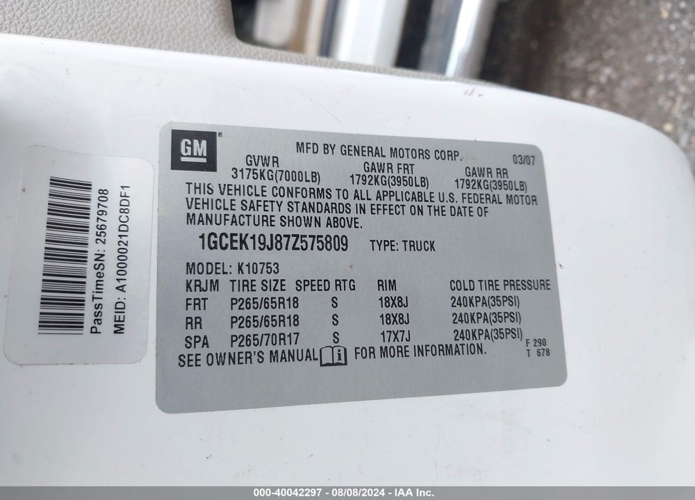 2007 CHEVROLET SILVERADO 1500 LTZ VIN: 1GCEK19J87Z575809