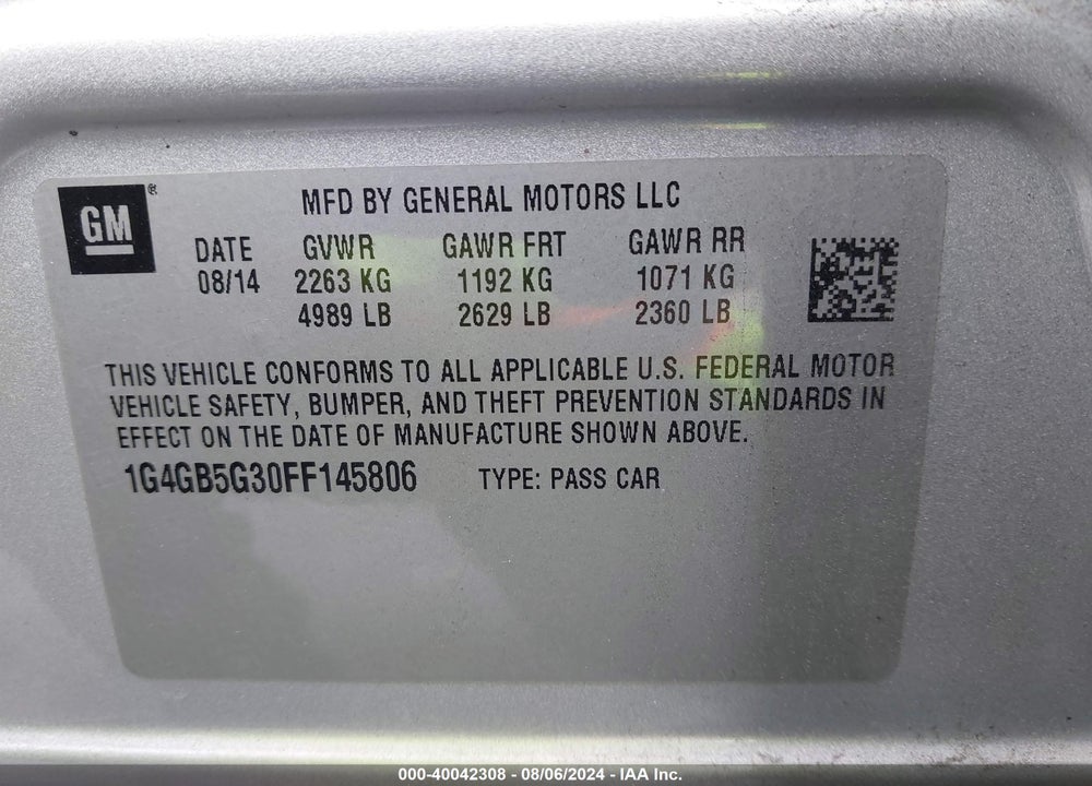 2015 BUICK LACROSSE LEATHER VIN: 1G4GB5G30FF145806