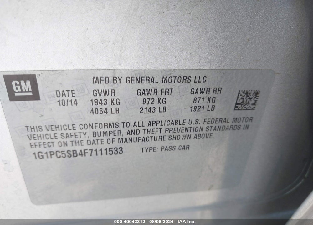 2015 CHEVROLET CRUZE 1LT AUTO VIN: 1G1PC5SB4F7111533