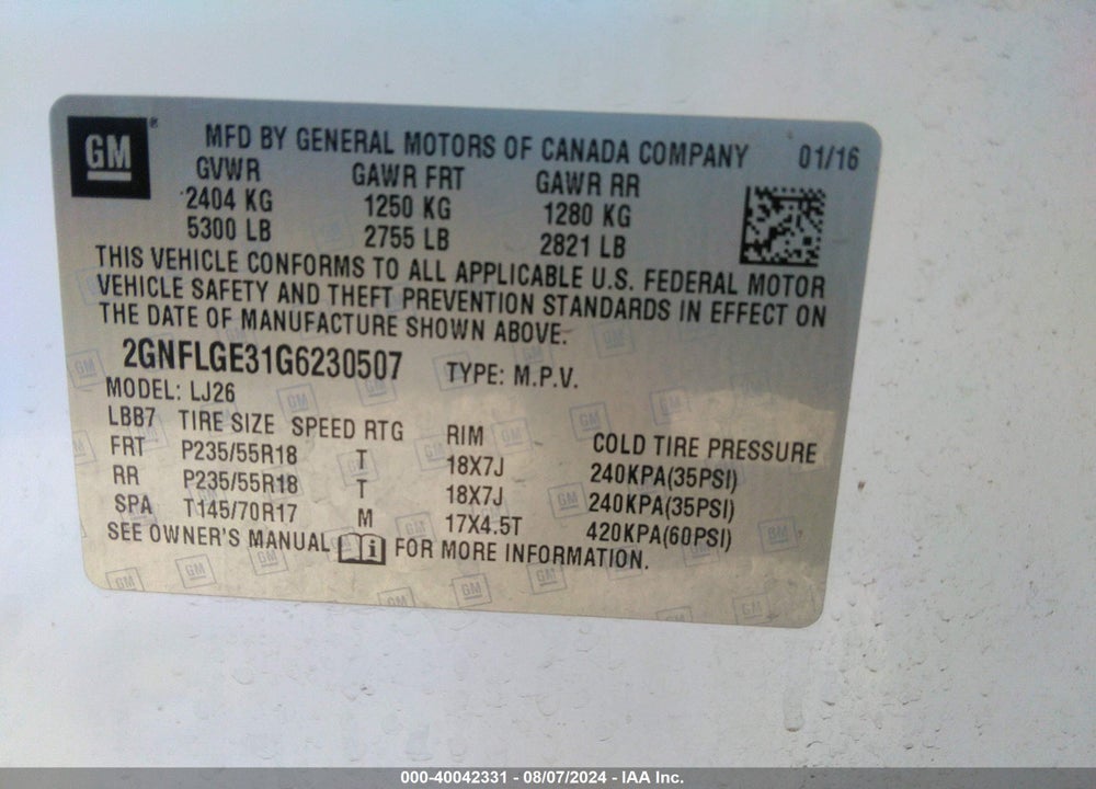 2016 CHEVROLET EQUINOX LTZ VIN: 2GNFLGE31G6230507