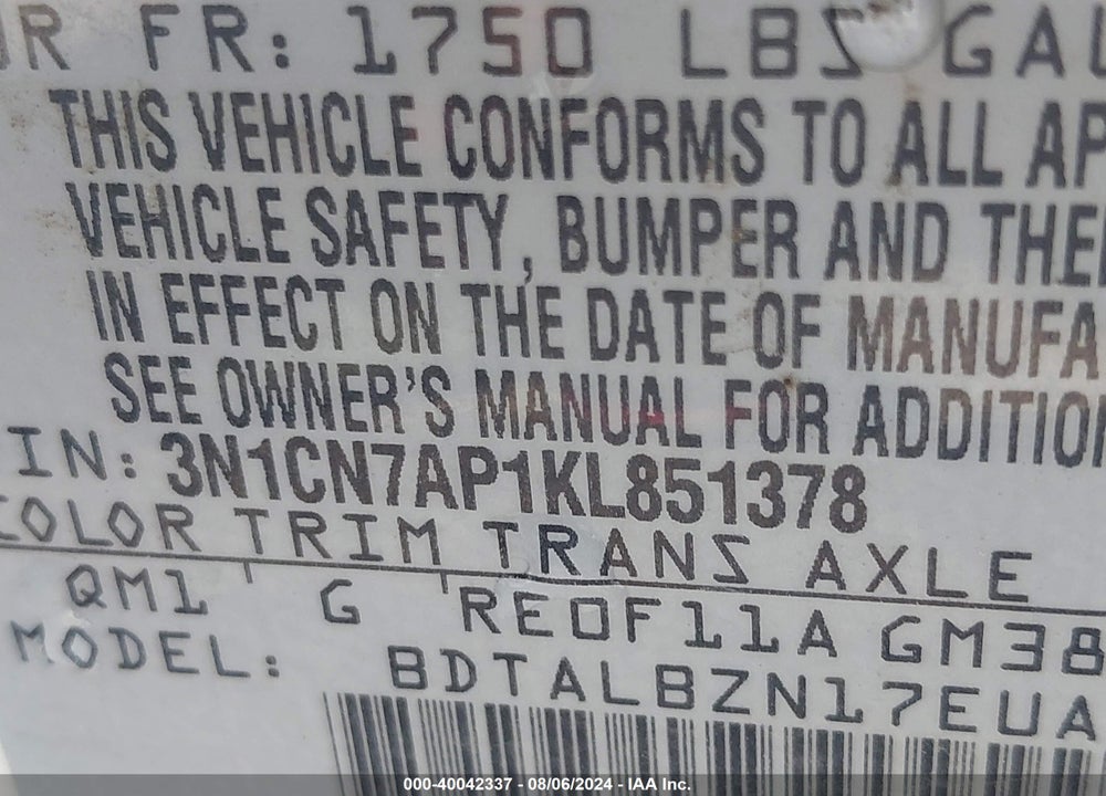 2019 NISSAN VERSA 1.6 SV VIN: 3N1CN7AP1KL851378