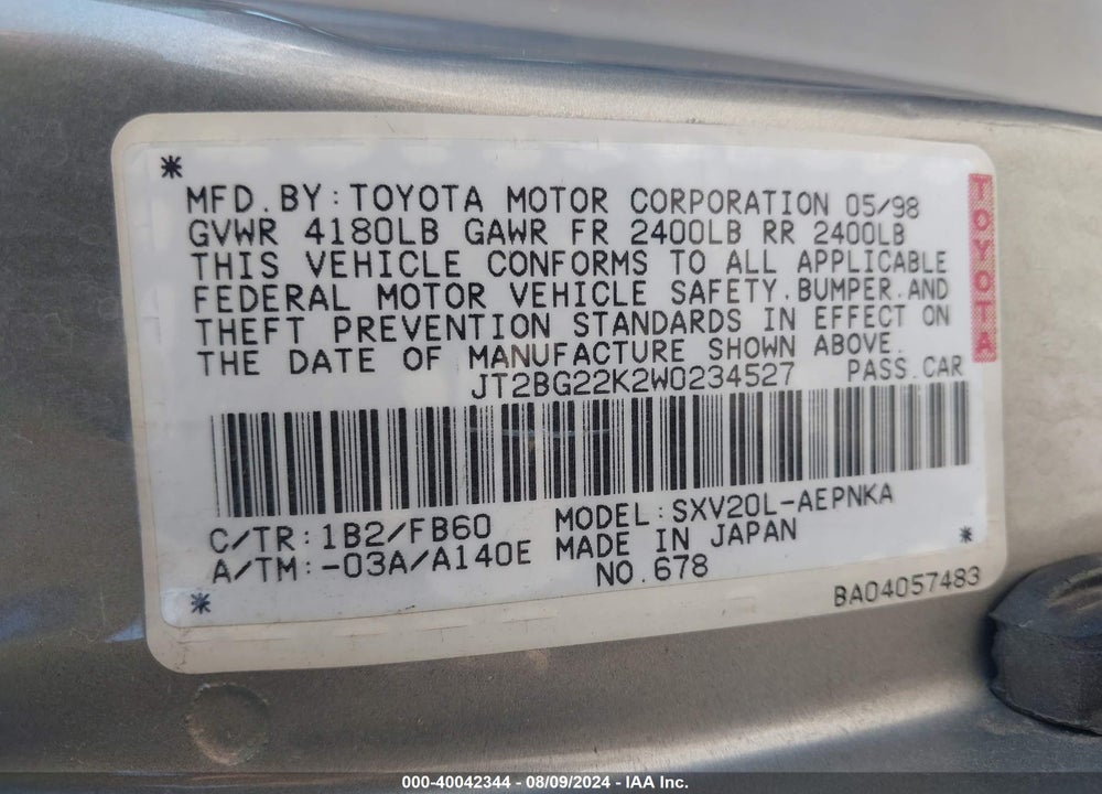 1998 TOYOTA CAMRY LE VIN: JT2BG22K2W0234527