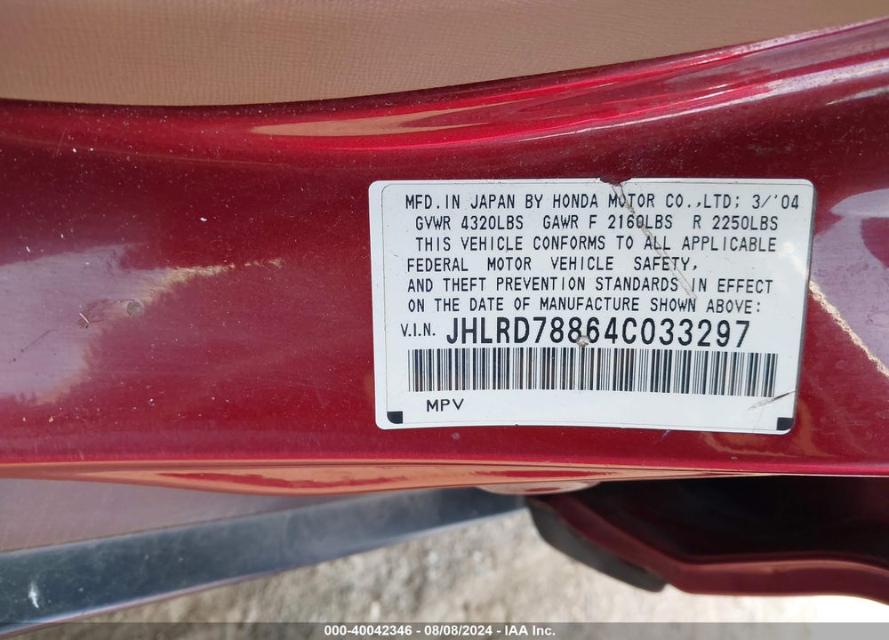 2004 HONDA CR-V EX VIN: JHLRD78864C033297