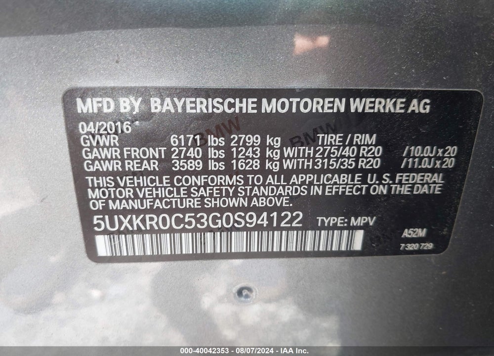 2016 BMW X5 XDRIVE35I VIN: 5UXKR0C53G0S94122