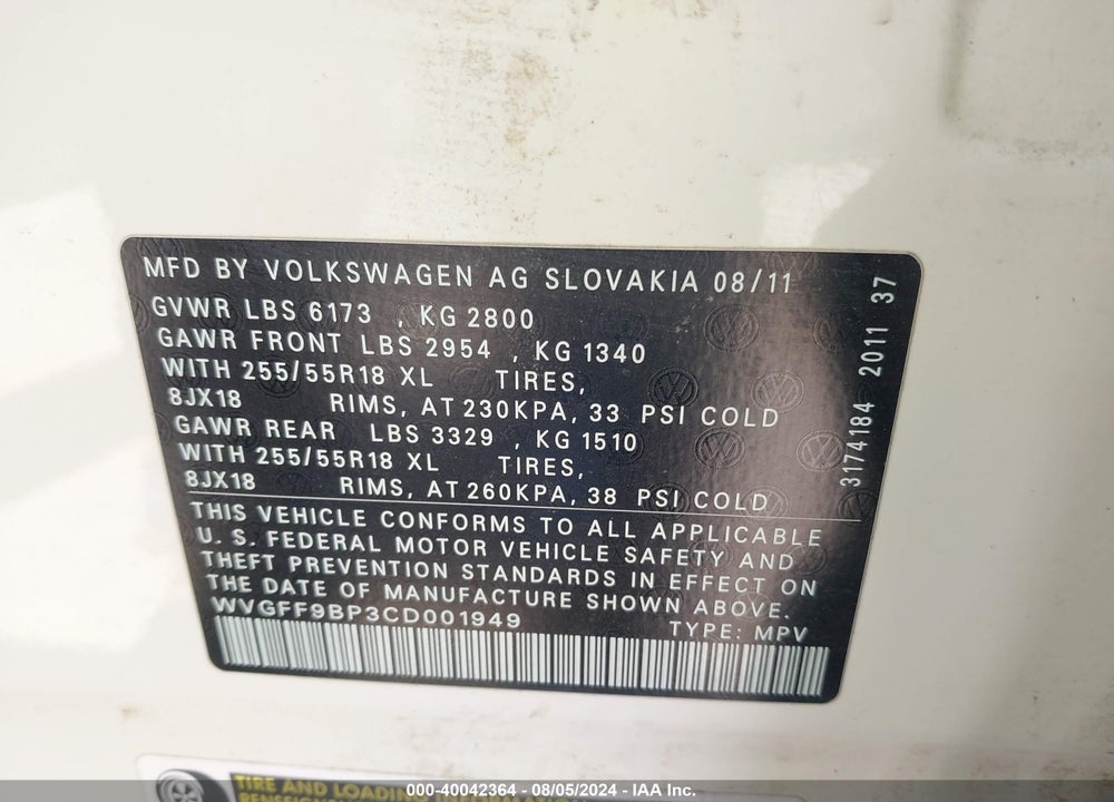 2012 VOLKSWAGEN TOUAREG VR6 SPORT VIN: WVGFF9BP3CD001949