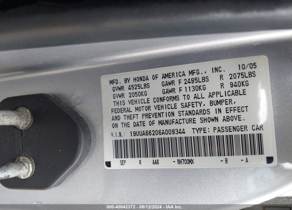 2006 ACURA TL VIN: 19UUA66206A009344