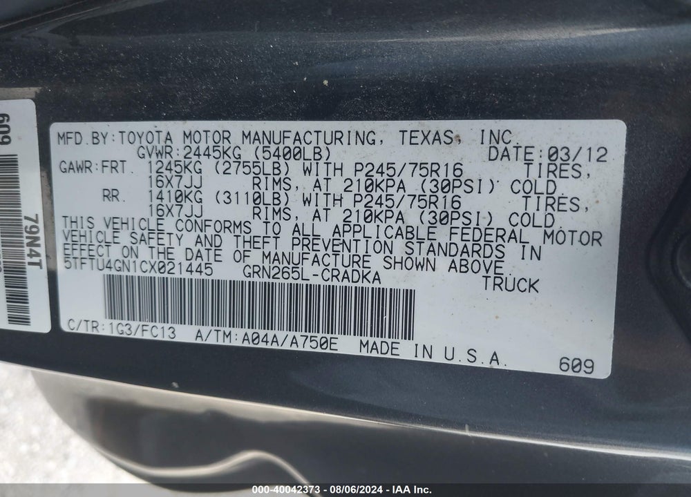 2012 TOYOTA TACOMA PRERUNNER V6 VIN: 5TFTU4GN1CX021445