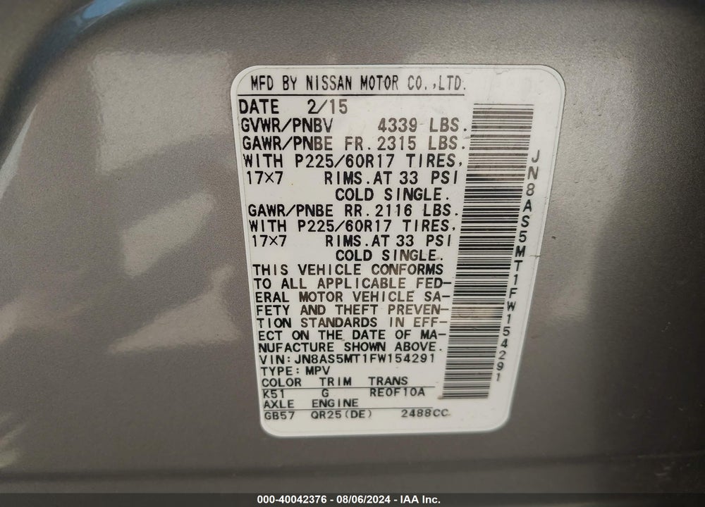 2015 NISSAN ROGUE SELECT S VIN: JN8AS5MT1FW154291