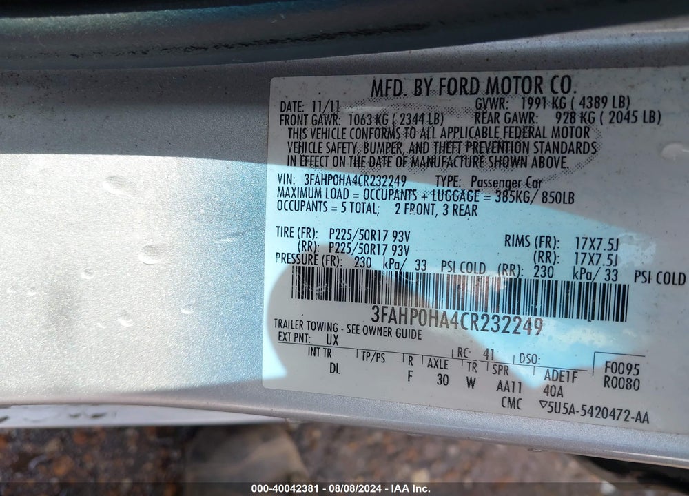 2012 FORD FUSION SE VIN: 3FAHP0HA4CR232249