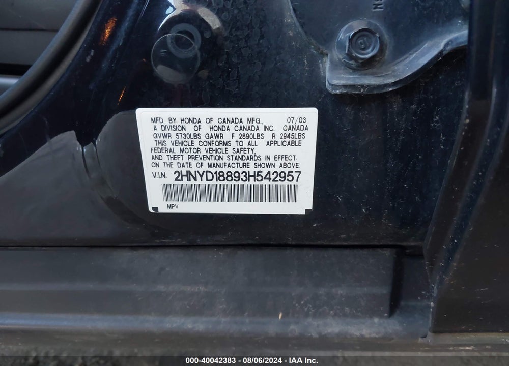 2003 ACURA MDX VIN: 2HNYD18893H542957