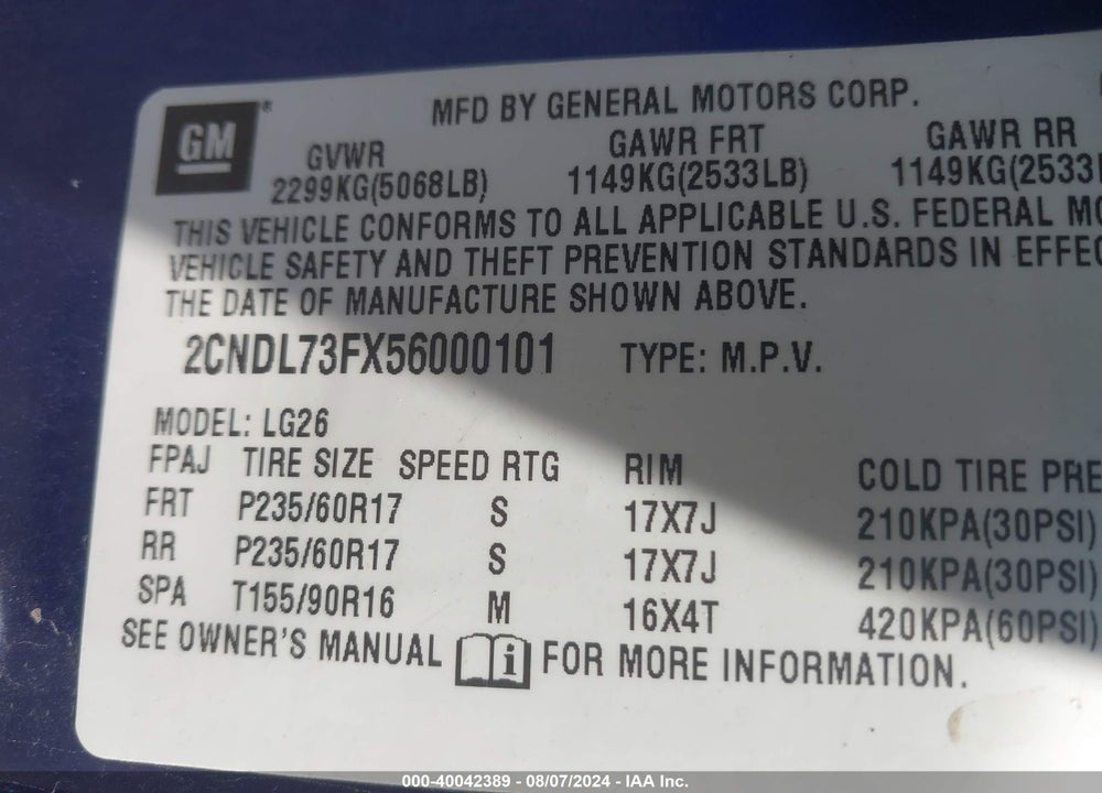 2005 CHEVROLET EQUINOX LT VIN: 2CNDL73FX56000101