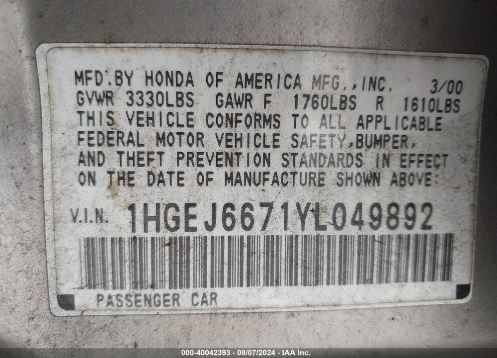 2000 HONDA CIVIC LX VIN: 1HGEJ6671YL049892