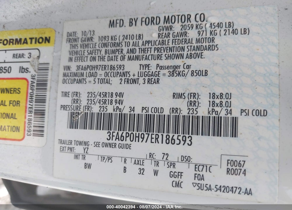 2014 FORD FUSION SE VIN: 3FA6P0H97ER186593