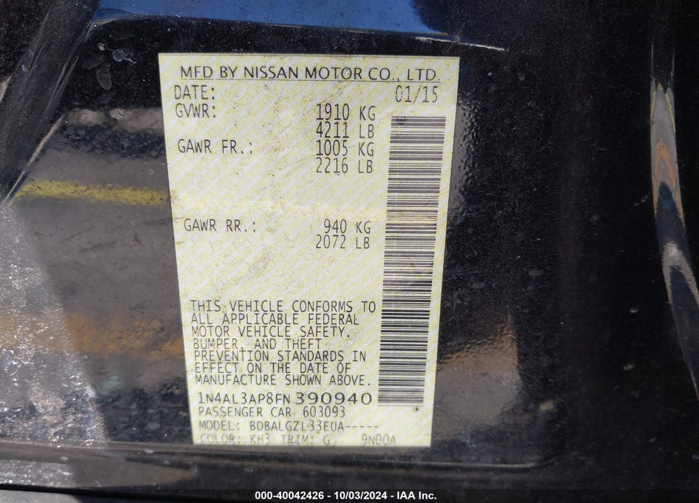 2015 NISSAN ALTIMA 2.5 S VIN: 1N4AL3AP8FN390940