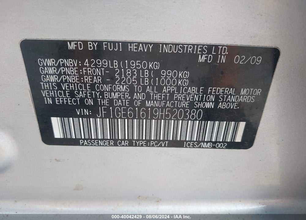2009 SUBARU IMPREZA 2.5I VIN: JF1GE61619H520380