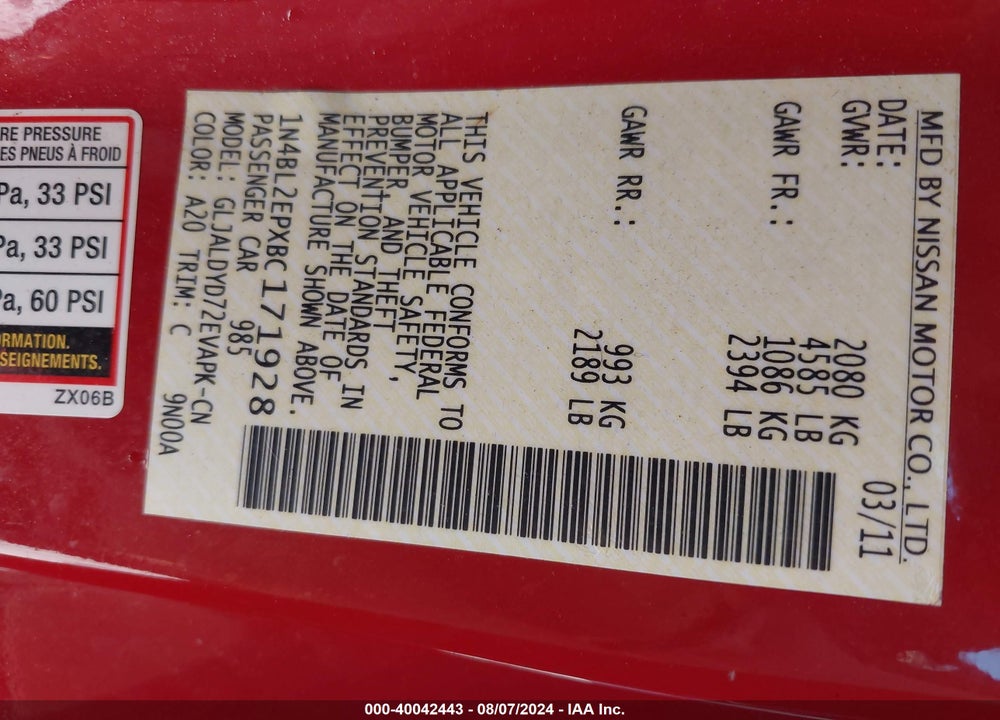 2011 NISSAN ALTIMA 3.5 SR VIN: 1N4BL2EPXBC171928