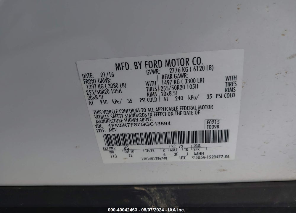 2016 FORD EXPLORER LIMITED VIN: 1FM5K7F87GGC13594