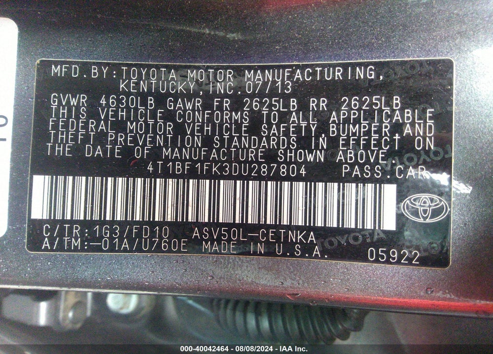 2013 TOYOTA CAMRY LE VIN: 4T1BF1FK3DU287804