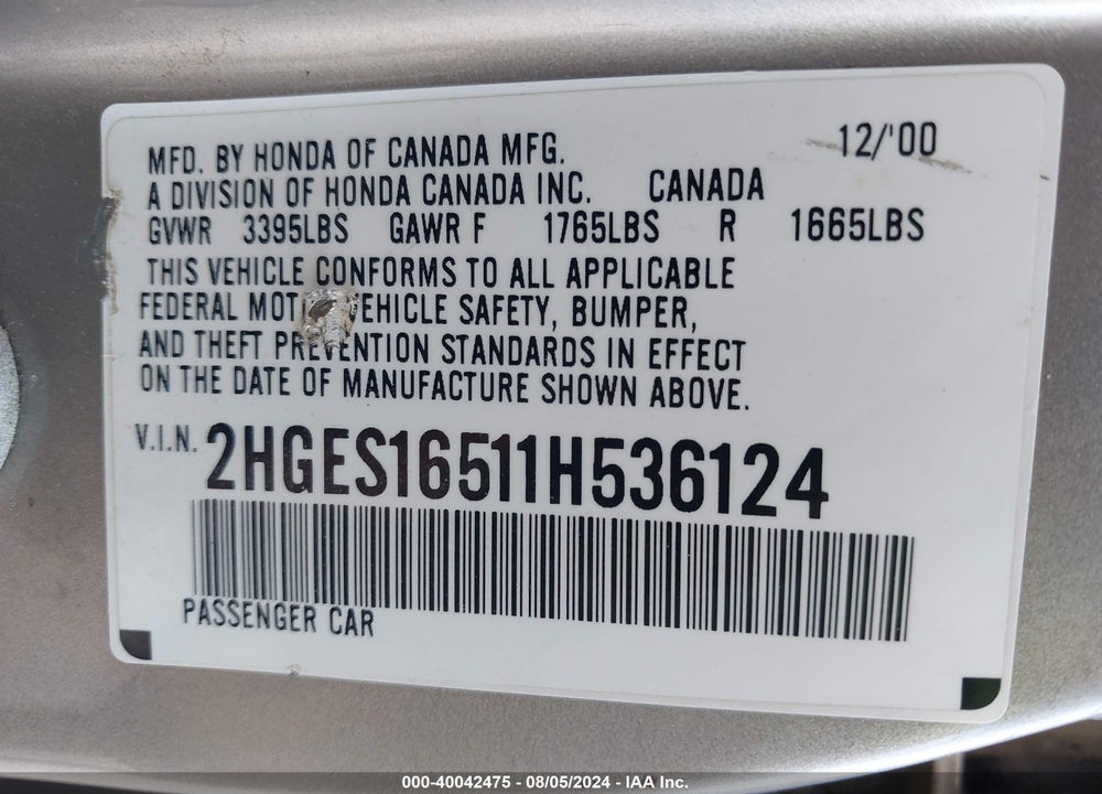 2001 HONDA CIVIC LX VIN: 2HGES16511H536124