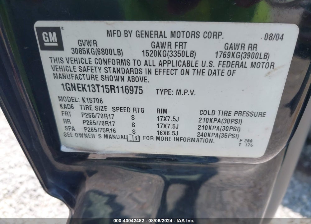 2005 CHEVROLET TAHOE Z71 VIN: 1GNEK13T15R116975