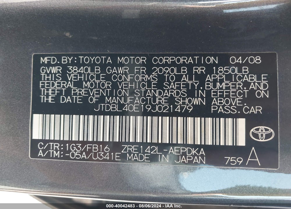 2009 TOYOTA COROLLA LE VIN: JTDBL40E19J021479