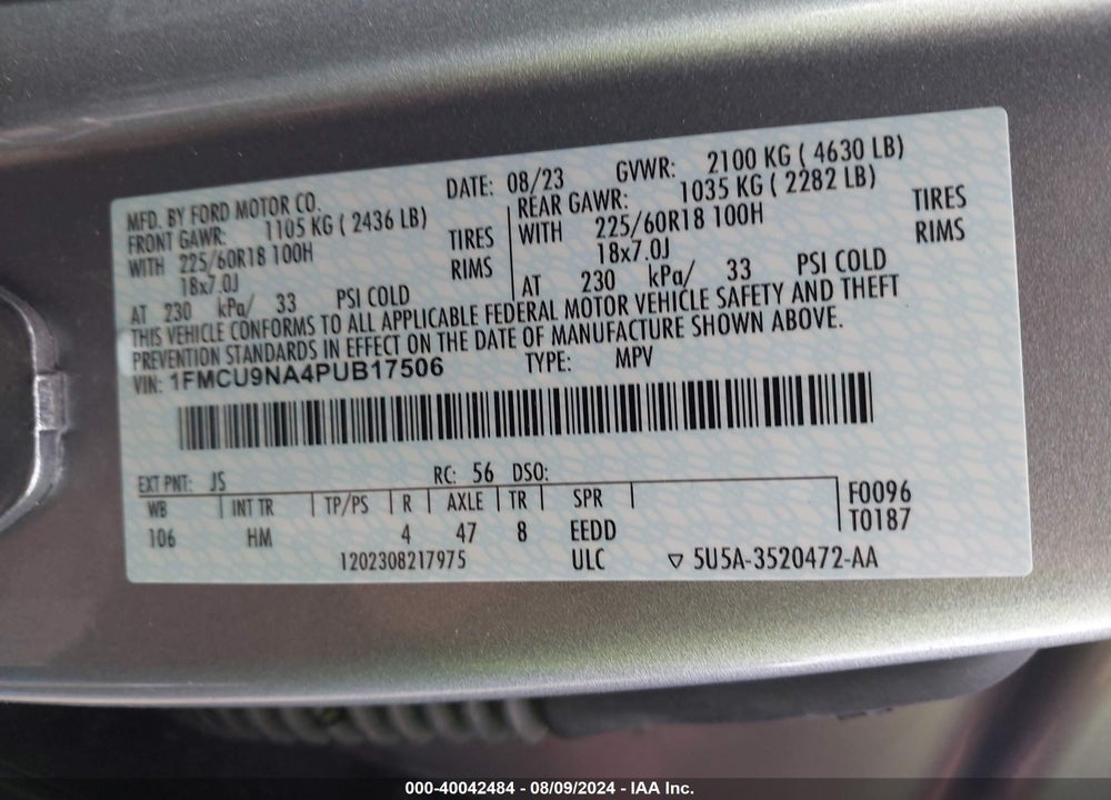 2023 FORD ESCAPE ST-LINE SELECT VIN: 1FMCU9NA4PUB17506