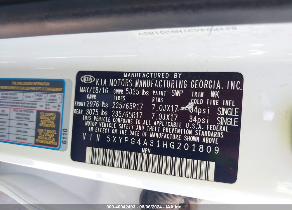 2017 KIA SORENTO 2.4L LX VIN: 5XYPG4A31HG201809