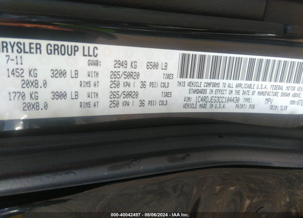 2012 DODGE DURANGO CITADEL VIN: 1C4RDJEG3CC104430