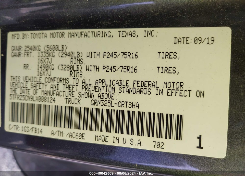 2020 TOYOTA TACOMA SR V6 VIN: 5TFRZ5CN9LX088124