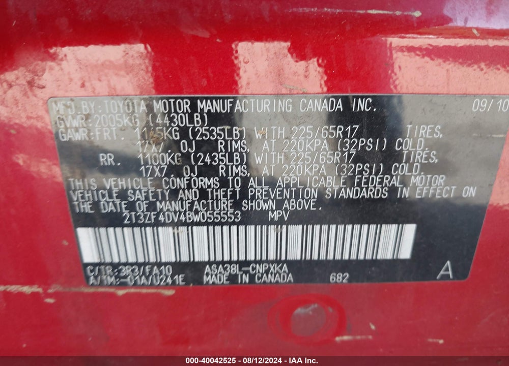 2011 TOYOTA RAV4 VIN: 2T3ZF4DV4BW055553