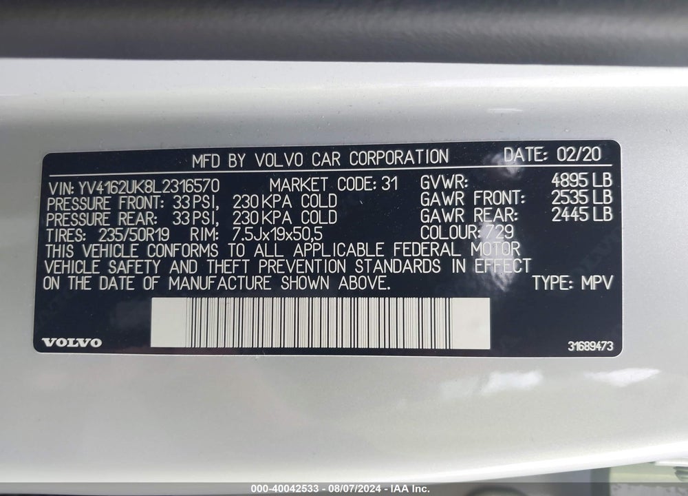 2020 VOLVO XC40 T5 MOMENTUM VIN: YV4162UK8L2316570