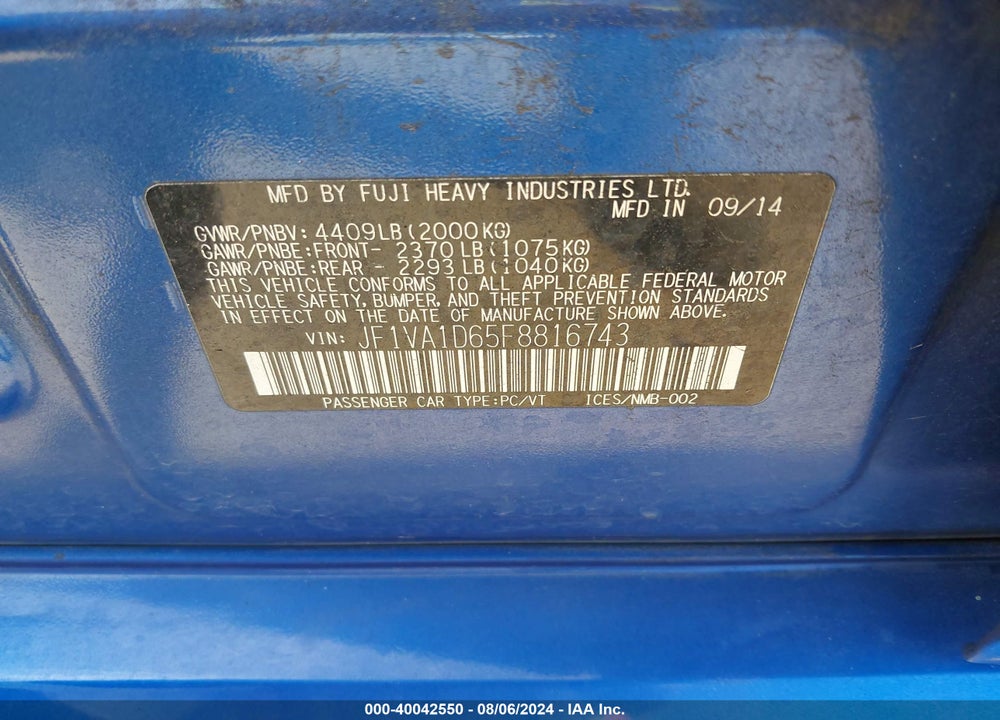 2015 SUBARU WRX PREMIUM VIN: JF1VA1D65F8816743
