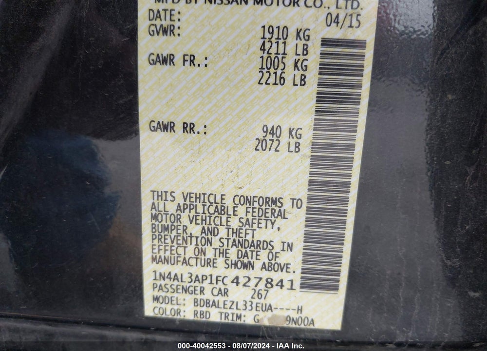 2015 NISSAN ALTIMA 2.5 S VIN: 1N4AL3AP1FC427841