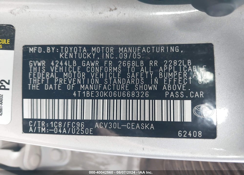 2006 TOYOTA CAMRY SE VIN: 4T1BE30K06U668326