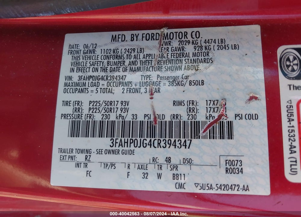 2012 FORD FUSION SEL VIN: 3FAHP0JG4CR394347