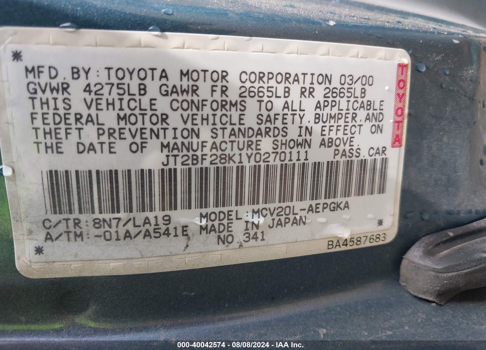 2000 TOYOTA CAMRY XLE V6 VIN: JT2BF28K1Y0270111