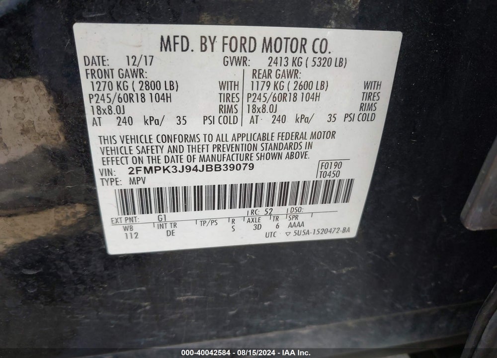 2018 FORD EDGE VIN: 2FMPK3J94JBB39079