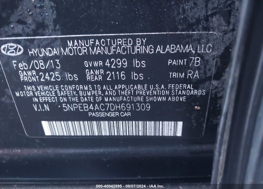 2013 HYUNDAI SONATA GLS VIN: 5NPEB4AC7DH691309
