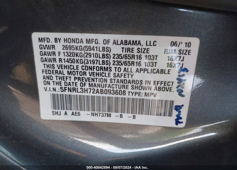 2010 HONDA ODYSSEY EX-L VIN: 5FNRL3H72AB093608