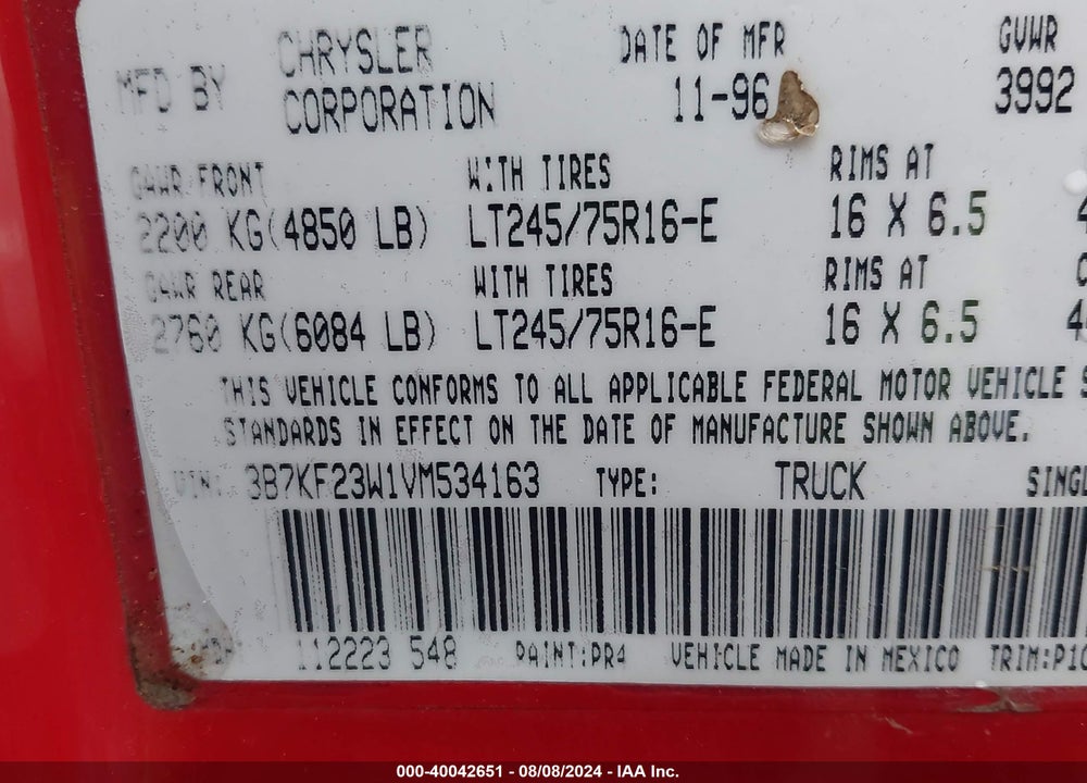 1997 DODGE RAM 2500 ST VIN: 3B7KF23W1VM534163