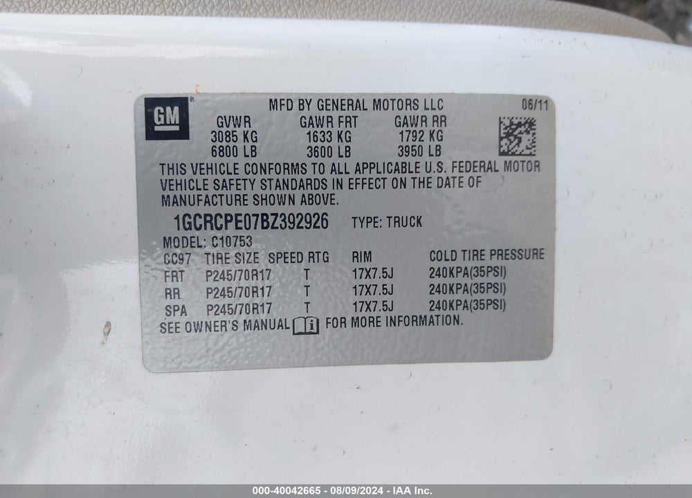 2011 CHEVROLET SILVERADO 1500 WORK TRUCK VIN: 1GCRCPE07BZ392926