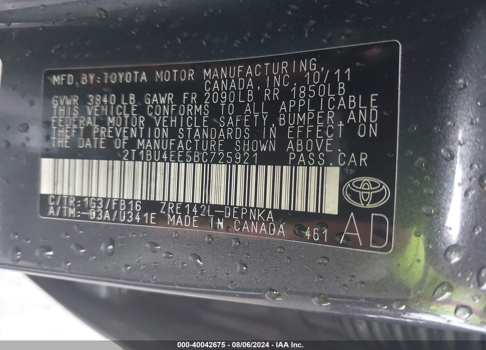 2011 TOYOTA COROLLA LE VIN: 2T1BU4EE5BC725921
