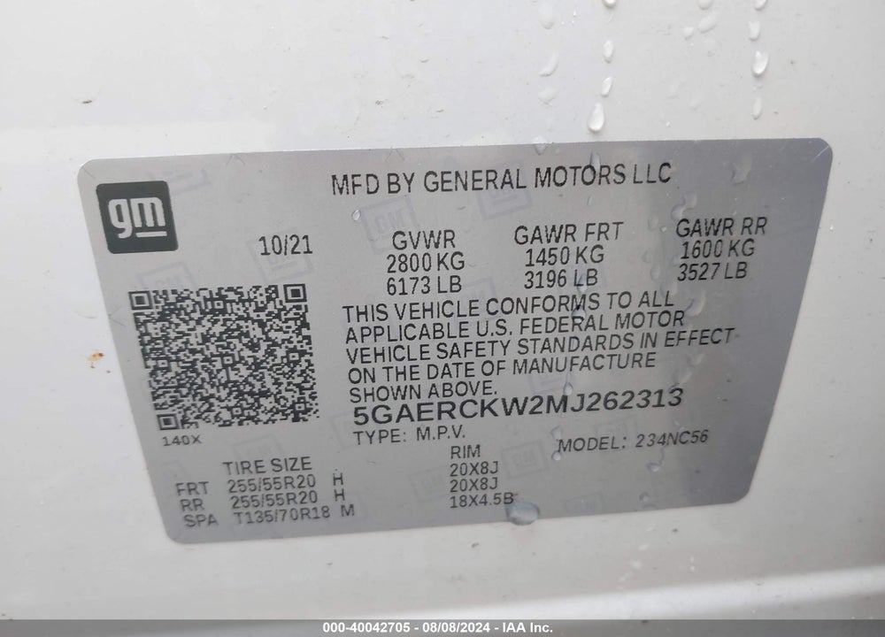 2021 BUICK ENCLAVE FWD PREMIUM VIN: 5GAERCKW2MJ262313
