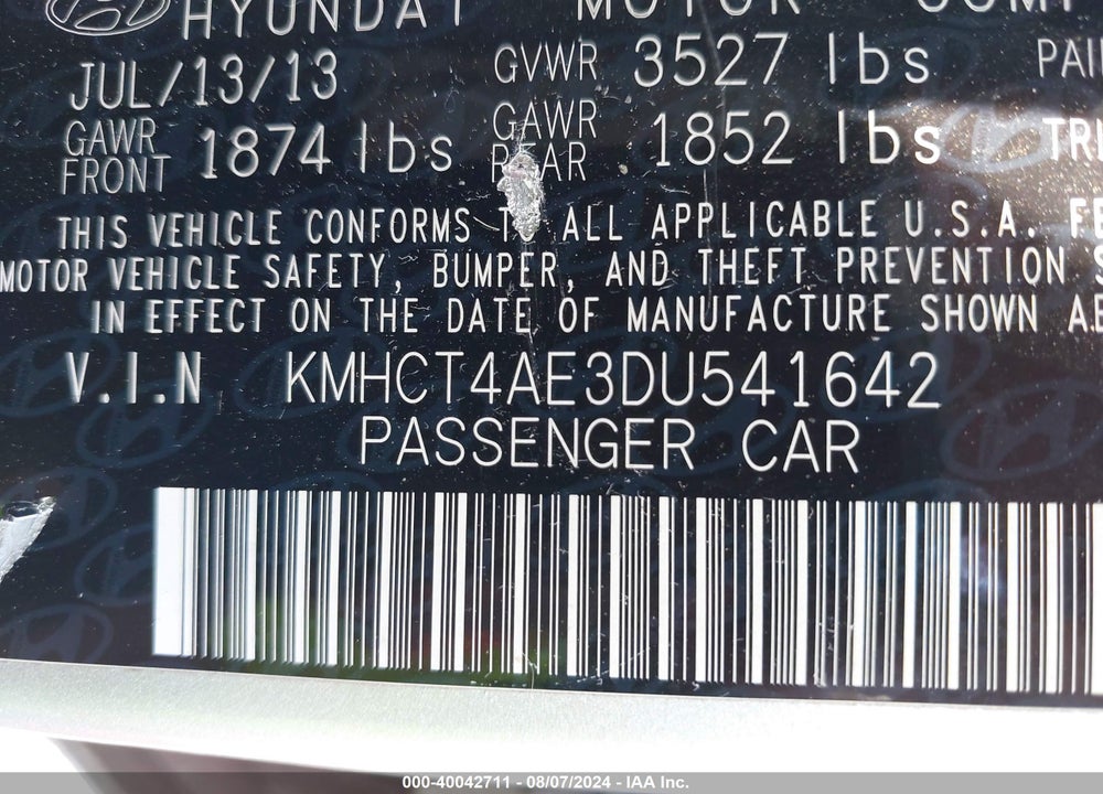 2013 HYUNDAI ACCENT GLS VIN: KMHCT4AE3DU541642