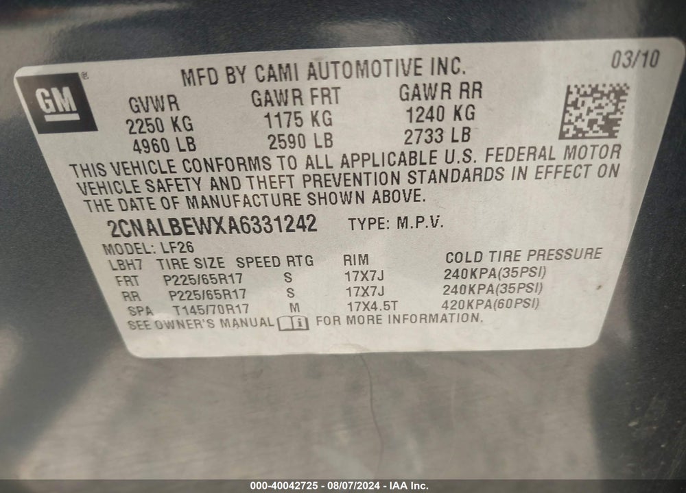 2010 CHEVROLET EQUINOX LS VIN: 2CNALBEWXA6331242