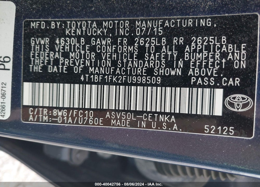 2015 TOYOTA CAMRY LE VIN: 4T1BF1FK2FU998509