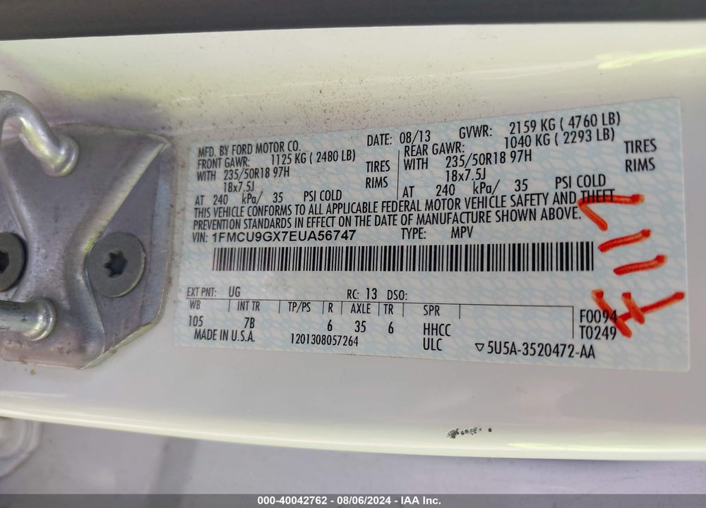 2014 FORD ESCAPE SE VIN: 1FMCU9GX7EUA56747