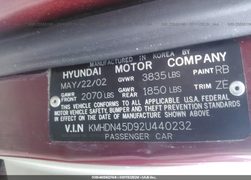 2002 HYUNDAI ELANTRA GLS VIN: KMHDN45D92U440232