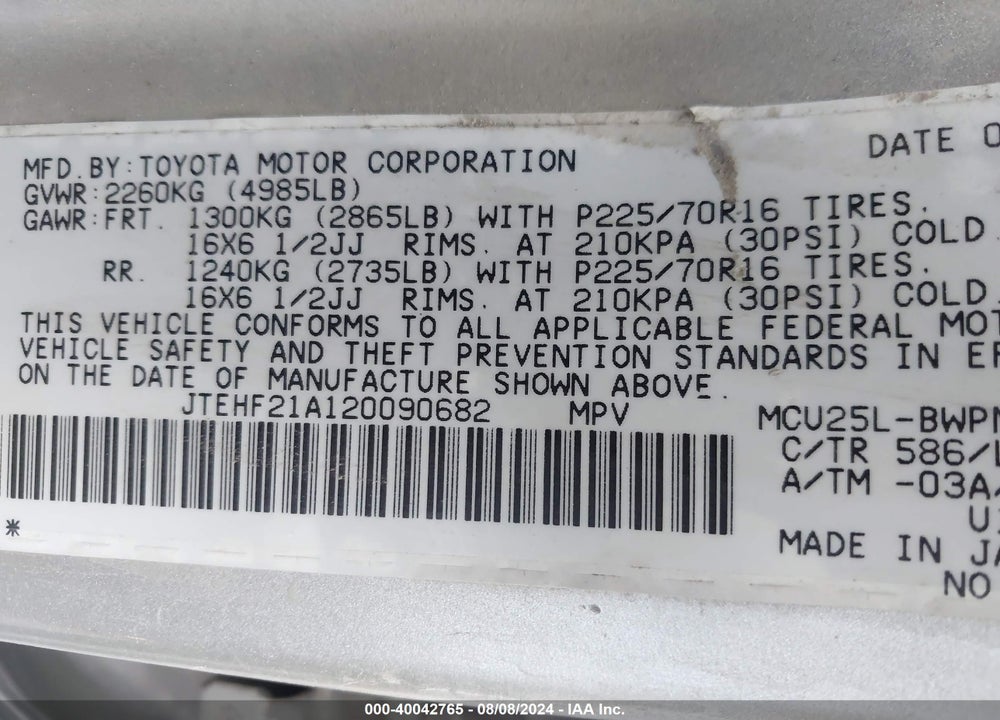 2002 TOYOTA HIGHLANDER LIMITED V6 VIN: JTEHF21A120090682